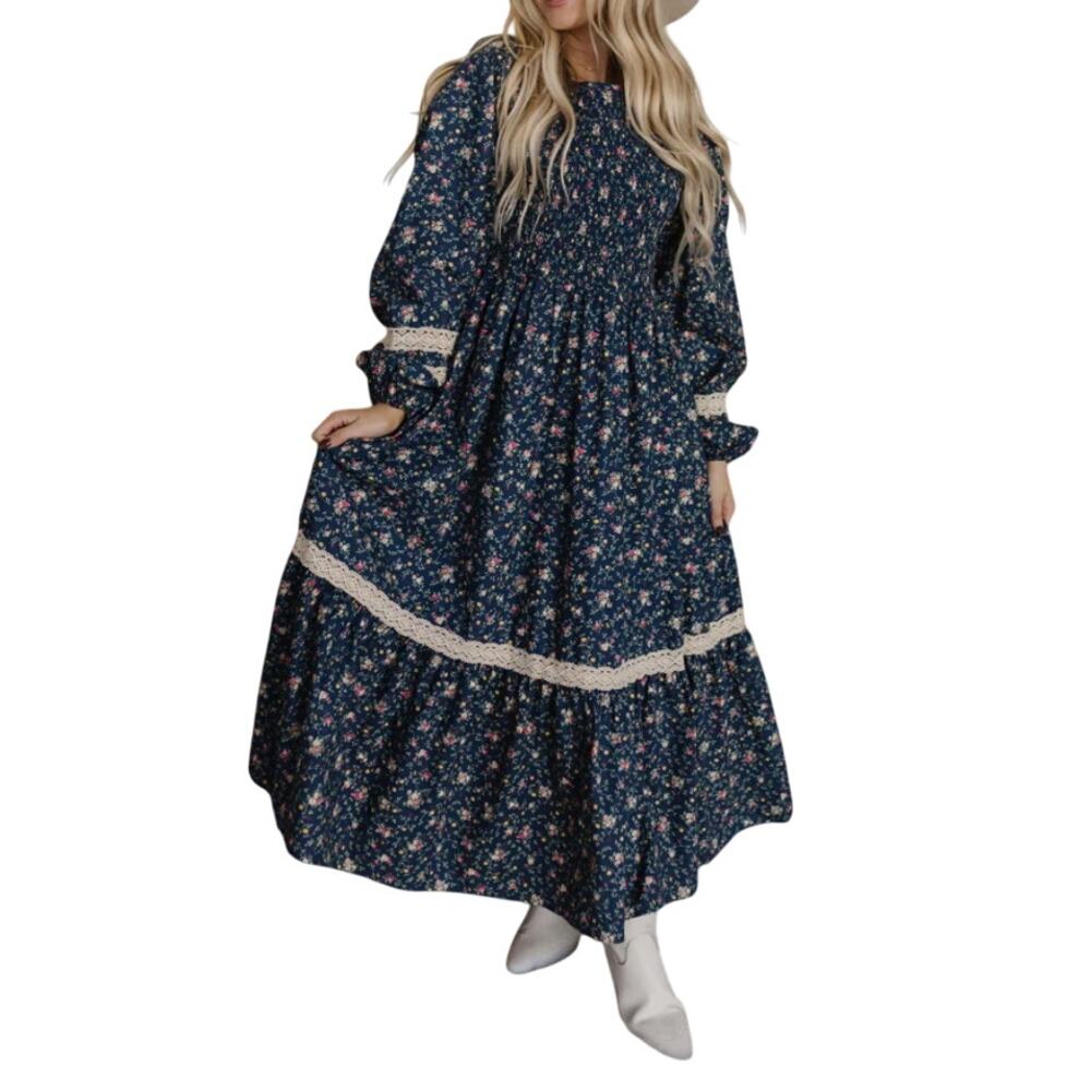 In Bloom Smocked Long Sleeve Maxi Dress in Blue Floral, Size L
